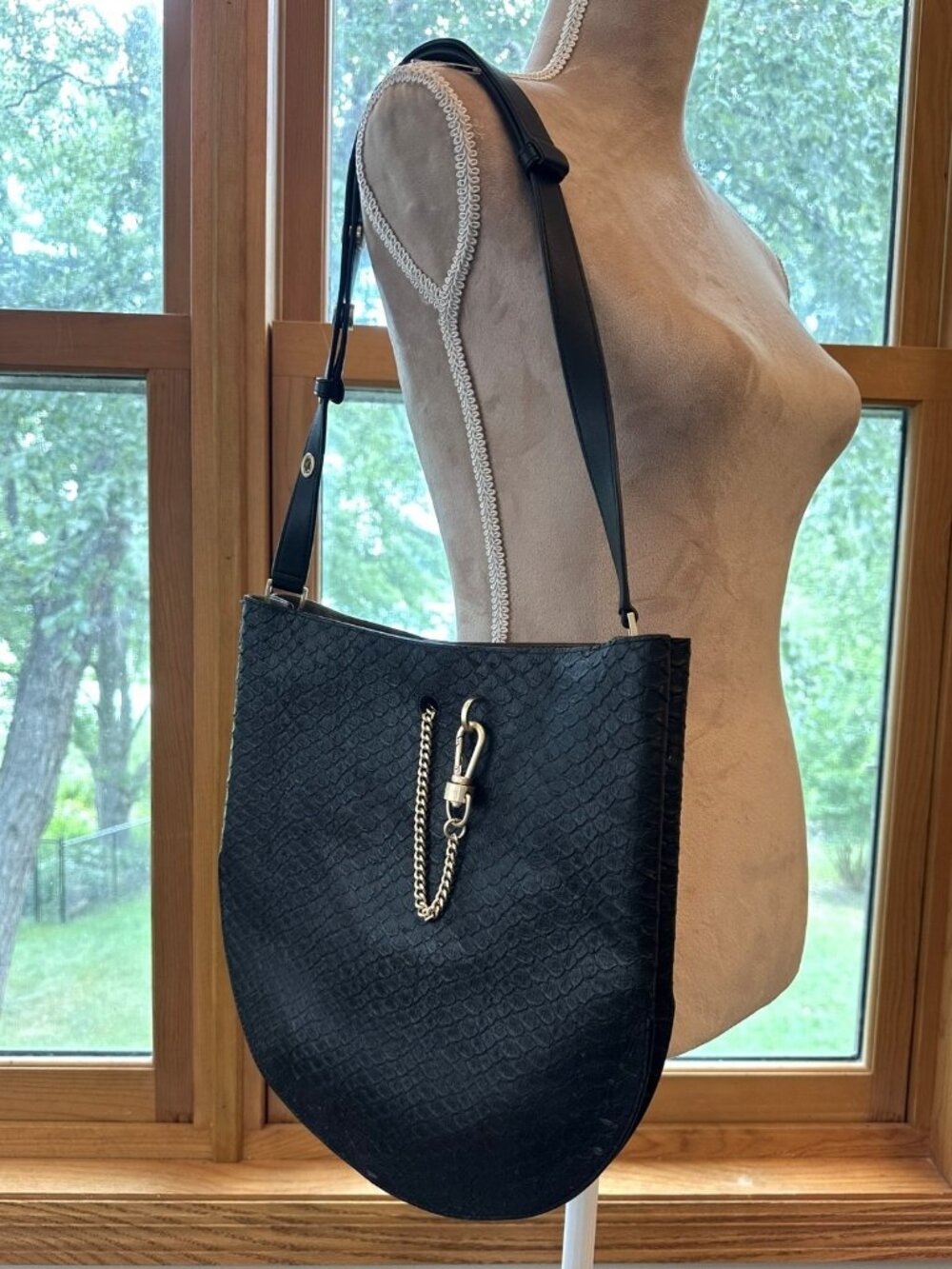 AllSaints Beaumont Black Python Snake Embossed Leather Hobo Shoulder Bag